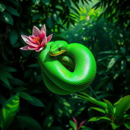 A vibrant green snake entwined around a blooming flower, the snake's scales reflecting light in a dazzling array of emerald hues