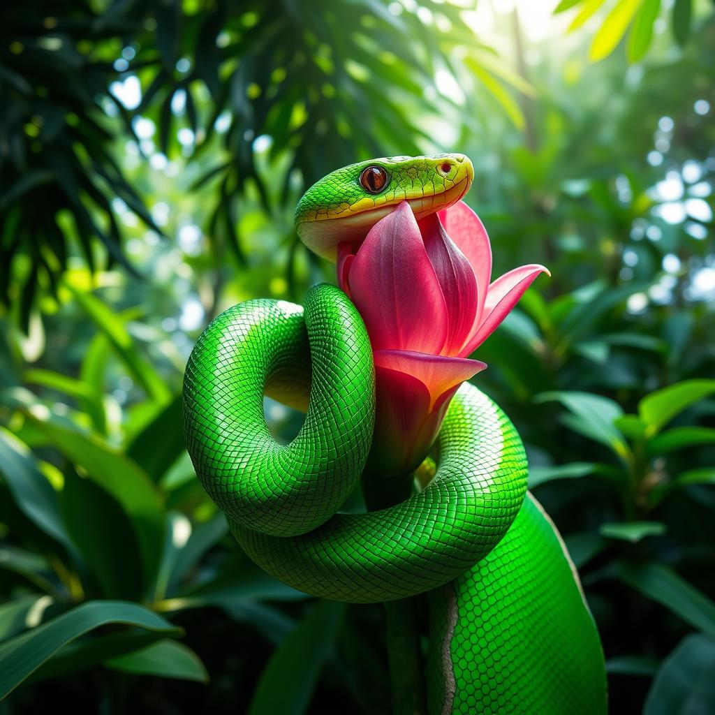 A vibrant green snake entwined around a blooming flower, the snake's scales reflecting light in a dazzling array of emerald hues