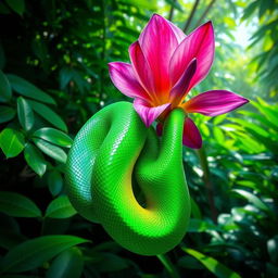 A vibrant green snake entwined around a blooming flower, the snake's scales reflecting light in a dazzling array of emerald hues