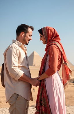 A romantic scene set in Egypt where an American guy and an Arab girl are gently touching foreheads, symbolizing connection and affection