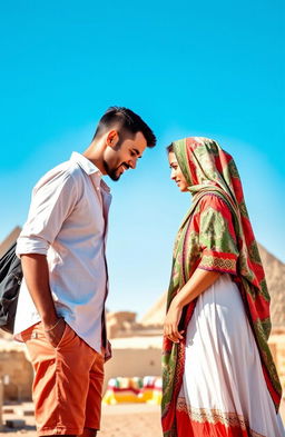 A romantic scene set in Egypt where an American guy and an Arab girl are gently touching foreheads, symbolizing connection and affection