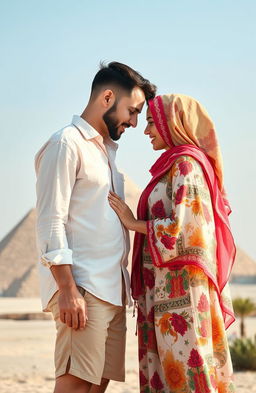 A romantic scene set in Egypt where an American guy and an Arab girl are gently touching foreheads, symbolizing connection and affection