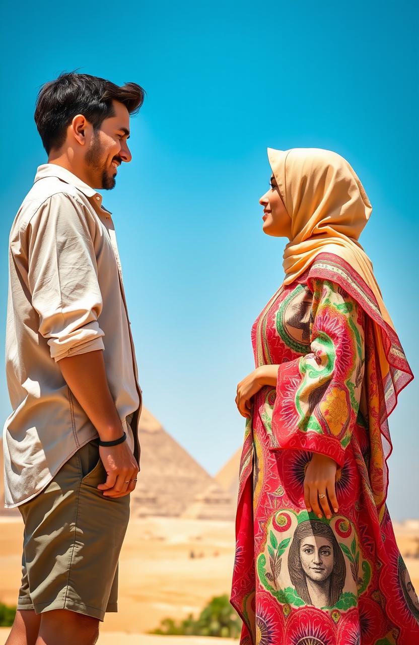 A romantic scene set in Egypt where an American guy and an Arab girl are gently touching foreheads, symbolizing connection and affection