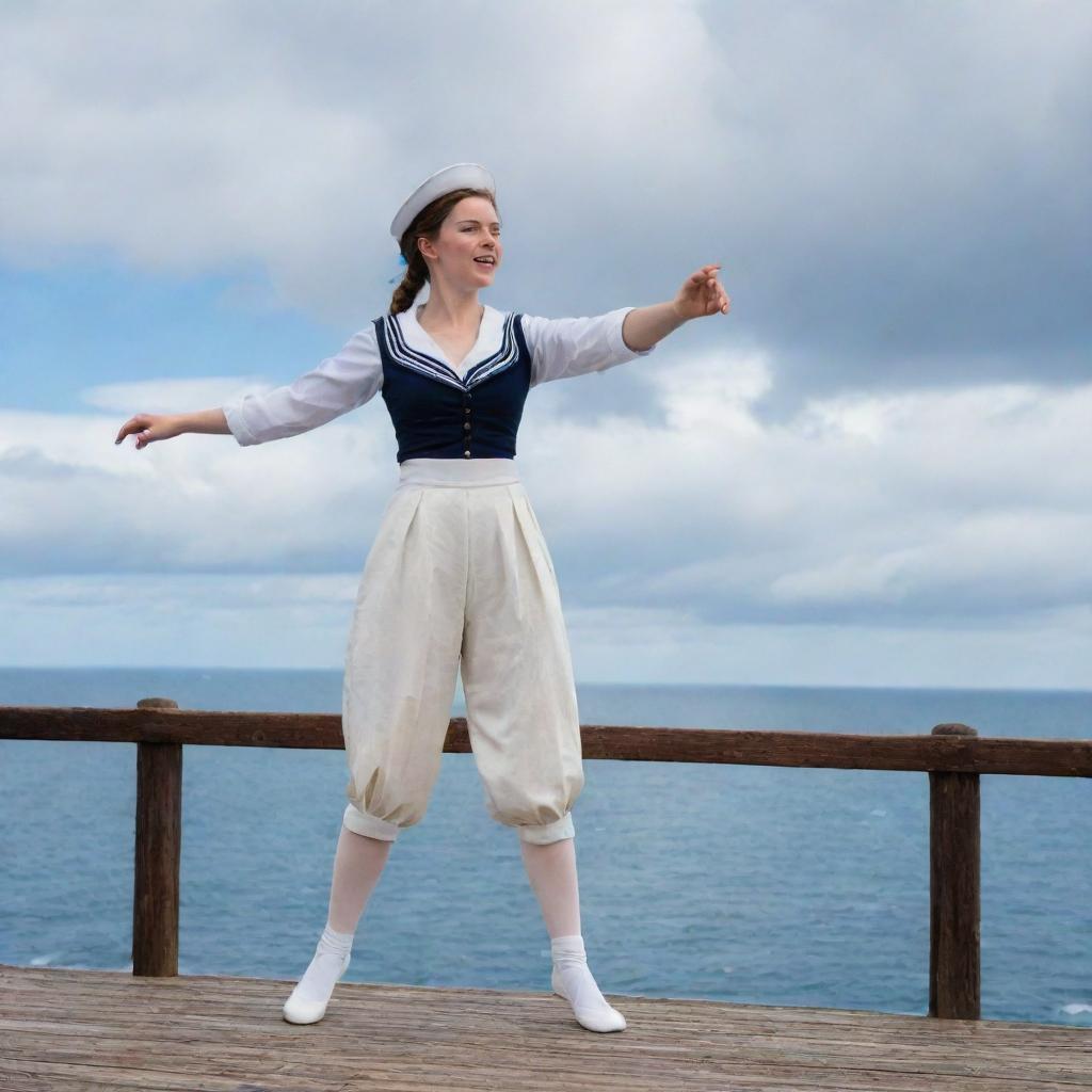 A dancer performing the Sailor's Hornpipe in traditional nautical attire, on an old wooden ship deck, with blue ocean and cloudy skies in the background.