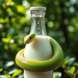 A vibrant green snake coiled gracefully around a smooth glass bottle of milk, with droplets of condensation glistening on the bottle's surface