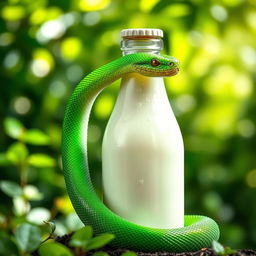 A vibrant green snake coiled gracefully around a smooth glass bottle of milk, with droplets of condensation glistening on the bottle's surface