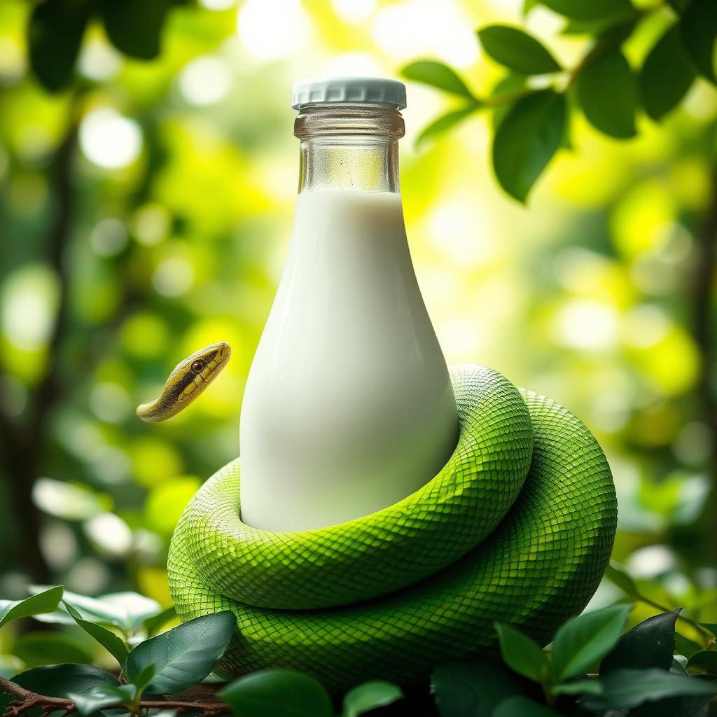 A vibrant green snake coiled gracefully around a smooth glass bottle of milk, with droplets of condensation glistening on the bottle's surface