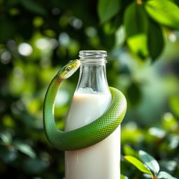 A vibrant green snake coiled gracefully around a smooth glass bottle of milk, with droplets of condensation glistening on the bottle's surface