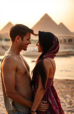 A romantic scene in Egypt featuring an American boy and an Arab girl gently touching foreheads, showcasing their connection