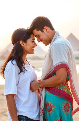 A romantic scene in Egypt featuring an American boy and an Arab girl gently touching foreheads, showcasing their connection