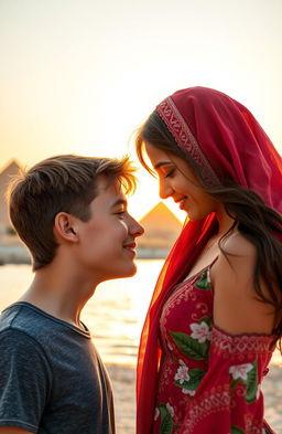 A romantic scene in Egypt featuring an American boy and an Arab girl gently touching foreheads, showcasing their connection