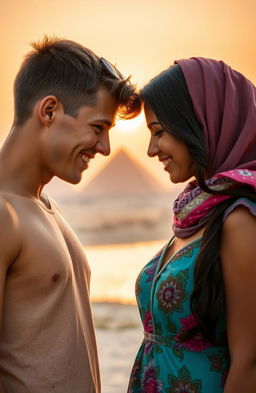 A romantic scene in Egypt featuring an American boy and an Arab girl gently touching foreheads, showcasing their connection