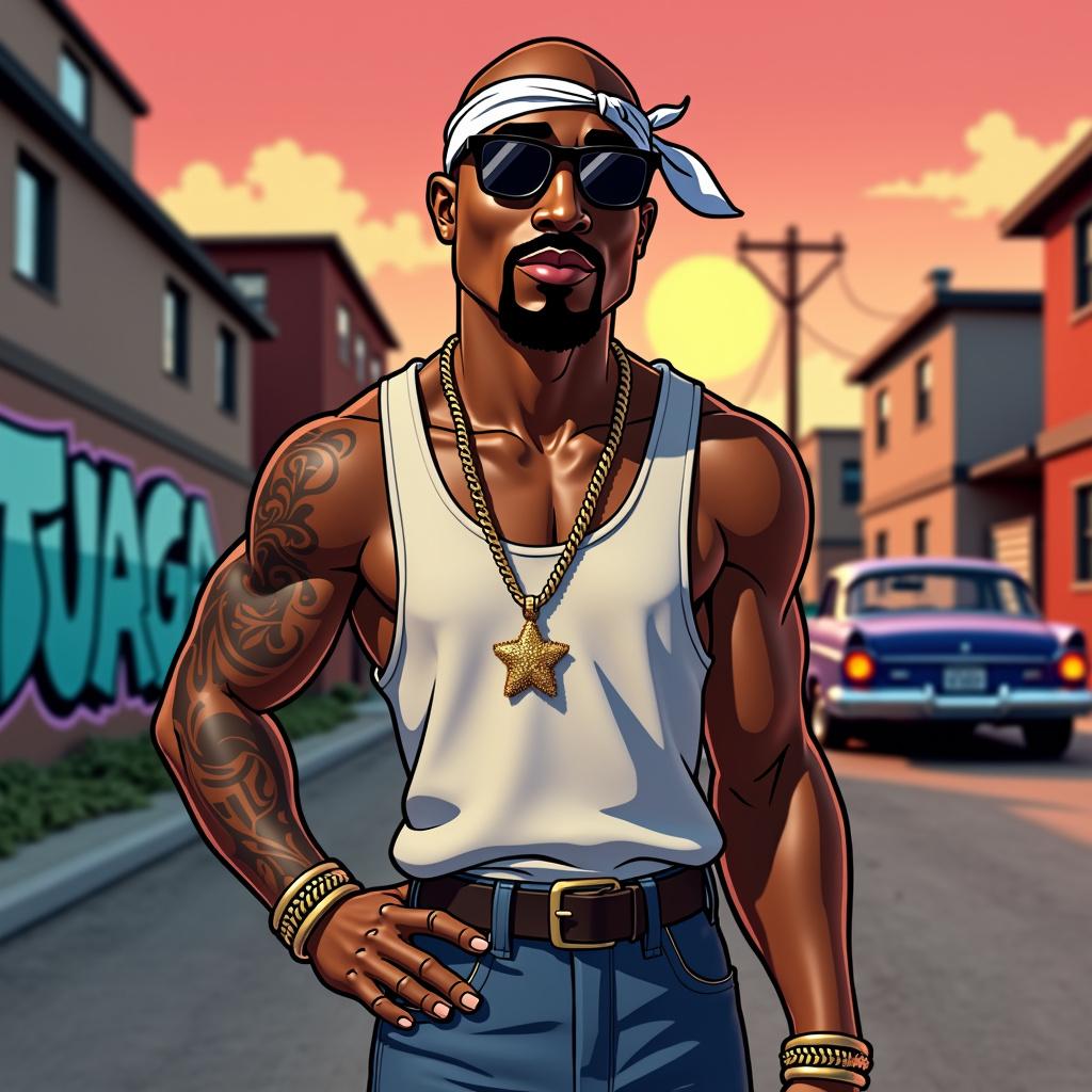 A stylized 3D character representation of Tupac Shakur as if created in PlayStation 1 graphics, characterized by low polygon counts, blocky features, and pixelated textures