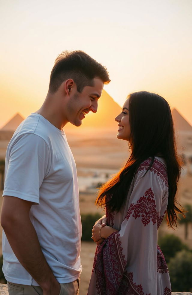 An American guy and an Arab girl touching foreheads affectionately against the backdrop of a beautiful Egyptian landscape