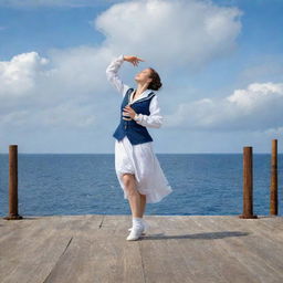 A dancer performing the Sailor's Hornpipe in traditional nautical attire, on an old wooden ship deck, with blue ocean and cloudy skies in the background.