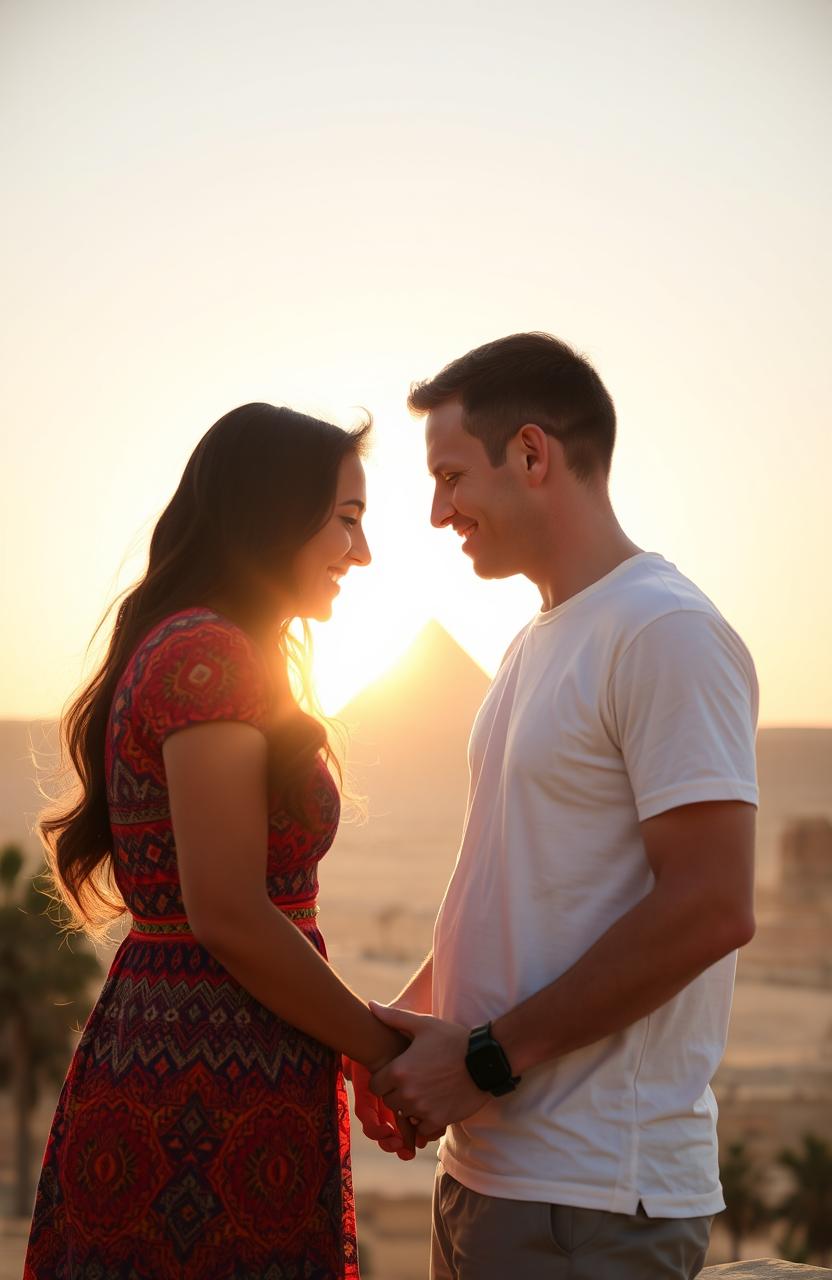 An American guy and an Arab girl touching foreheads affectionately against the backdrop of a beautiful Egyptian landscape