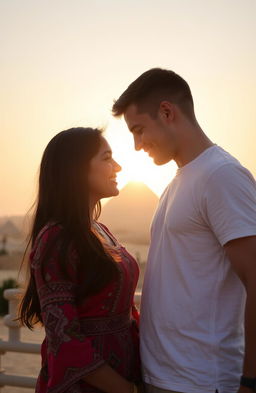 An American guy and an Arab girl touching foreheads affectionately against the backdrop of a beautiful Egyptian landscape