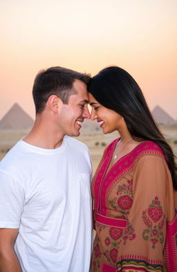 An American guy and an Arab girl touching foreheads affectionately against the backdrop of a beautiful Egyptian landscape