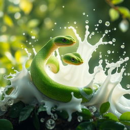 A vibrant green snake poised amidst a dynamic scene, with splashes of milk and water erupting around it