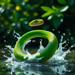 A vibrant green snake poised amidst a dynamic scene, with splashes of milk and water erupting around it