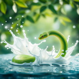 A vibrant green snake poised amidst a dynamic scene, with splashes of milk and water erupting around it