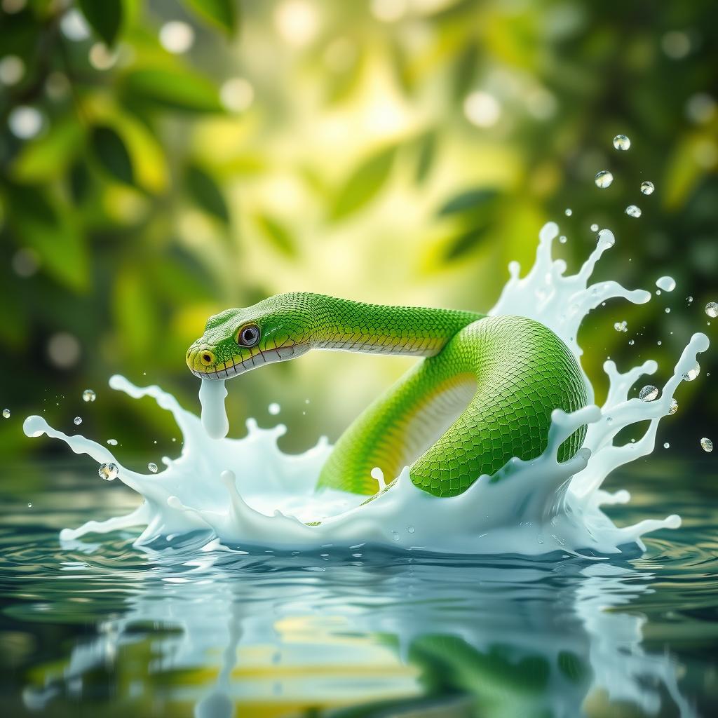 A vibrant green snake poised amidst a dynamic scene, with splashes of milk and water erupting around it