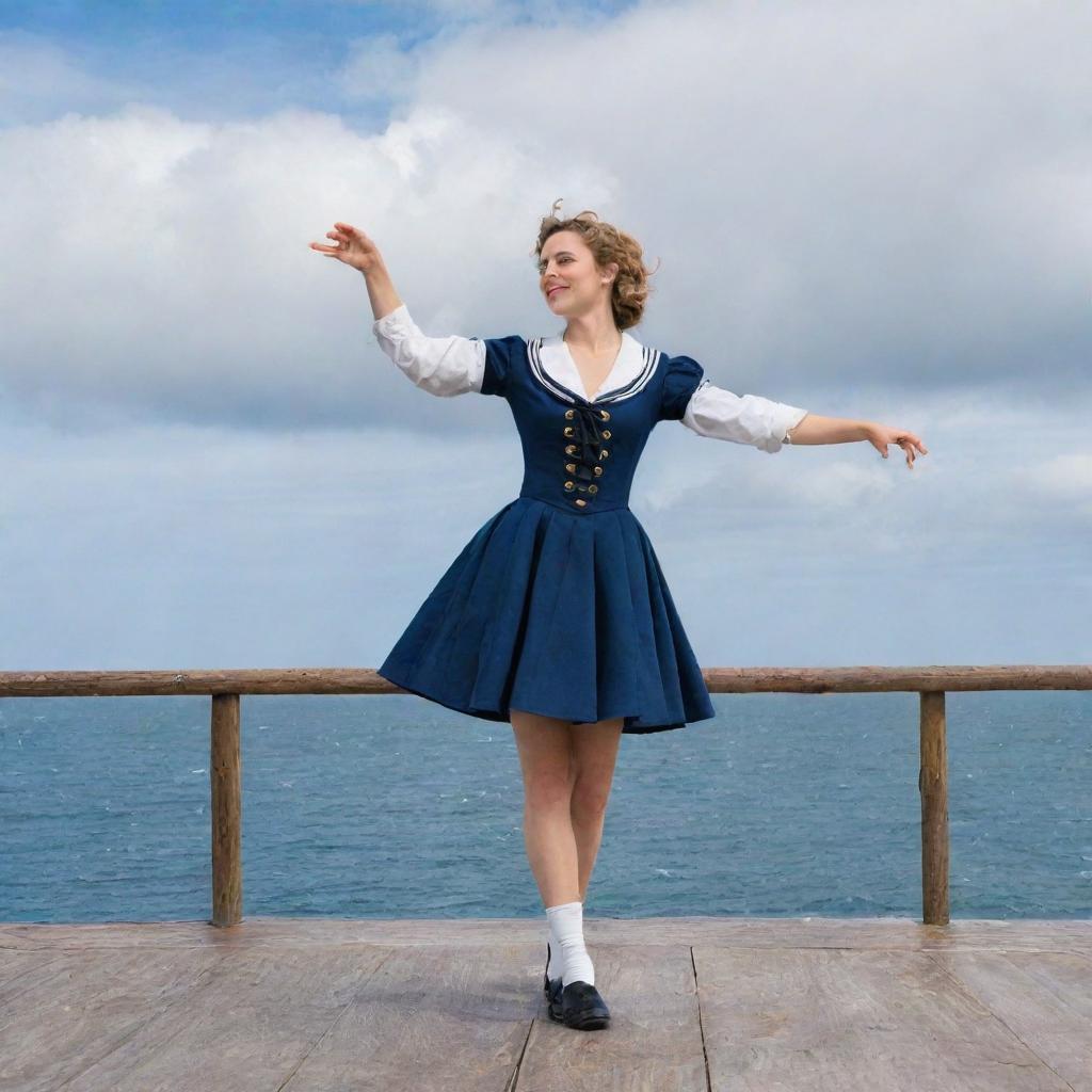 A dancer performing the Sailor's Hornpipe in traditional nautical attire, on an old wooden ship deck, with blue ocean and cloudy skies in the background.