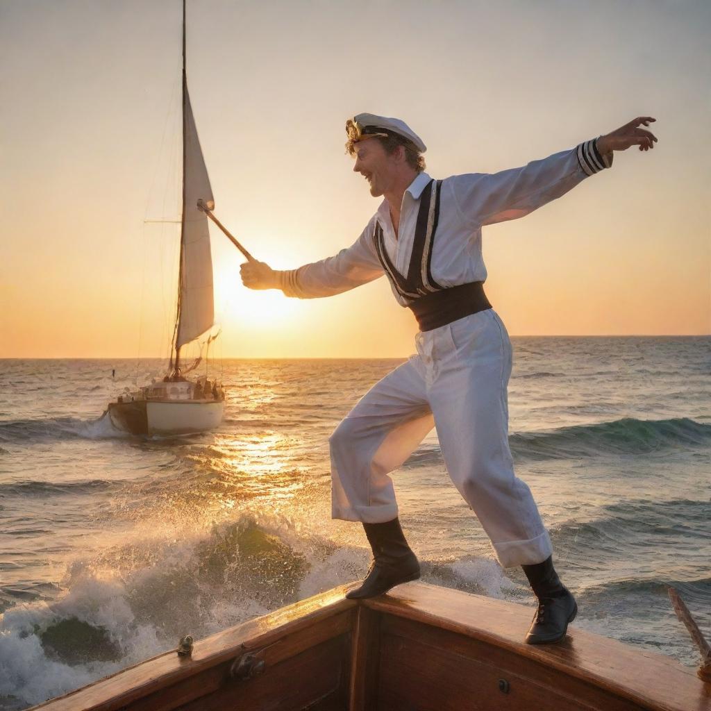 A lively scene depicting a Sailor's Hornpipe dancer energetically performing on a vintage sailboat under the golden sunset, with rolling sea waves in the background.