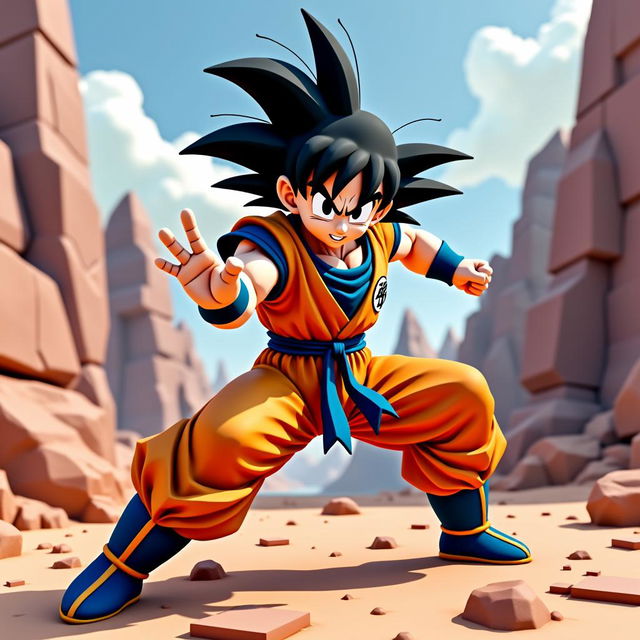 Low poly Goku from Dragon Ball Z in a dynamic fighting pose, ready to unleash a Kamehameha wave, set against a dramatic, rocky landscape with a stylized, blocky design