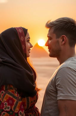 An American guy and an Arab girl gently touching their foreheads together in an intimate moment, set against the backdrop of a vibrant sunset in Egypt