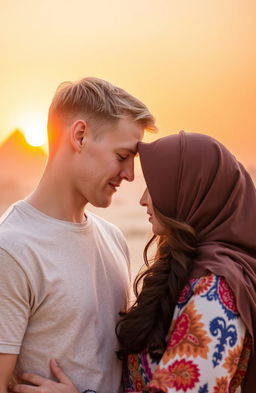 An American guy and an Arab girl gently touching their foreheads together in an intimate moment, set against the backdrop of a vibrant sunset in Egypt