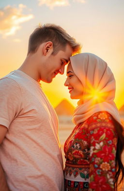 An American guy and an Arab girl gently touching their foreheads together in an intimate moment, set against the backdrop of a vibrant sunset in Egypt