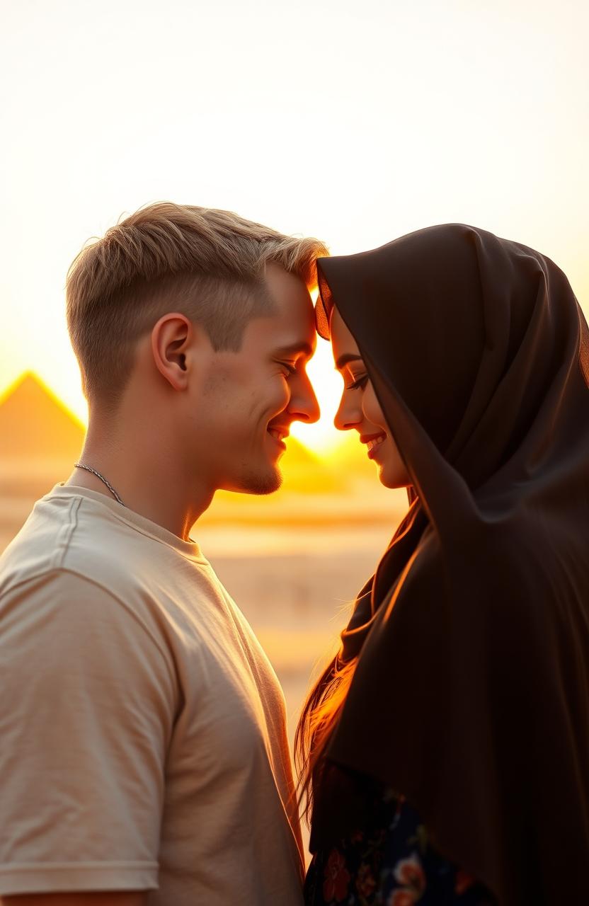 An American guy and an Arab girl gently touching their foreheads together in an intimate moment, set against the backdrop of a vibrant sunset in Egypt