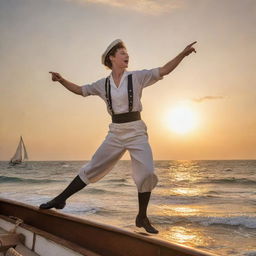 A lively scene depicting a Sailor's Hornpipe dancer energetically performing on a vintage sailboat under the golden sunset, with rolling sea waves in the background.