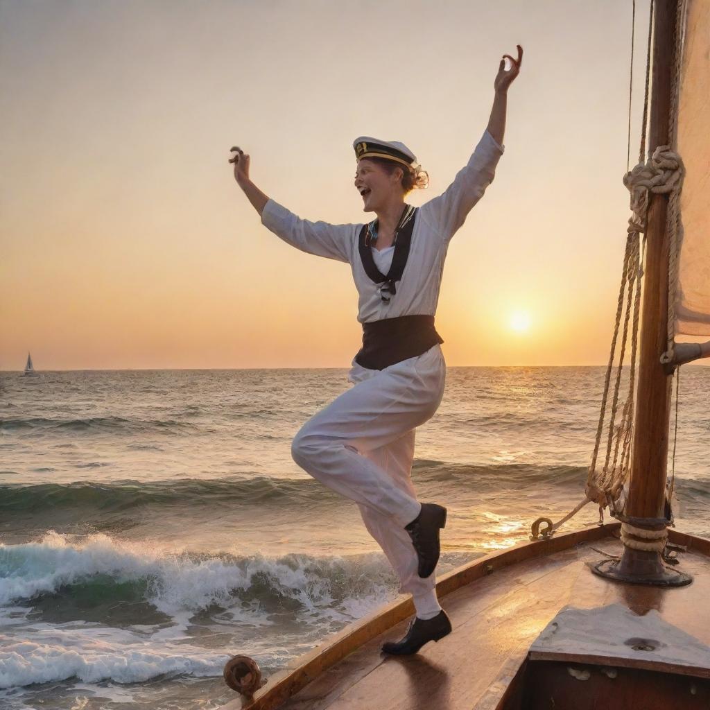 A lively scene depicting a Sailor's Hornpipe dancer energetically performing on a vintage sailboat under the golden sunset, with rolling sea waves in the background.