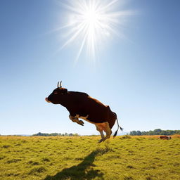 The same healthy cow now leaping elegantly over a radiant sun against a beautiful clear sky