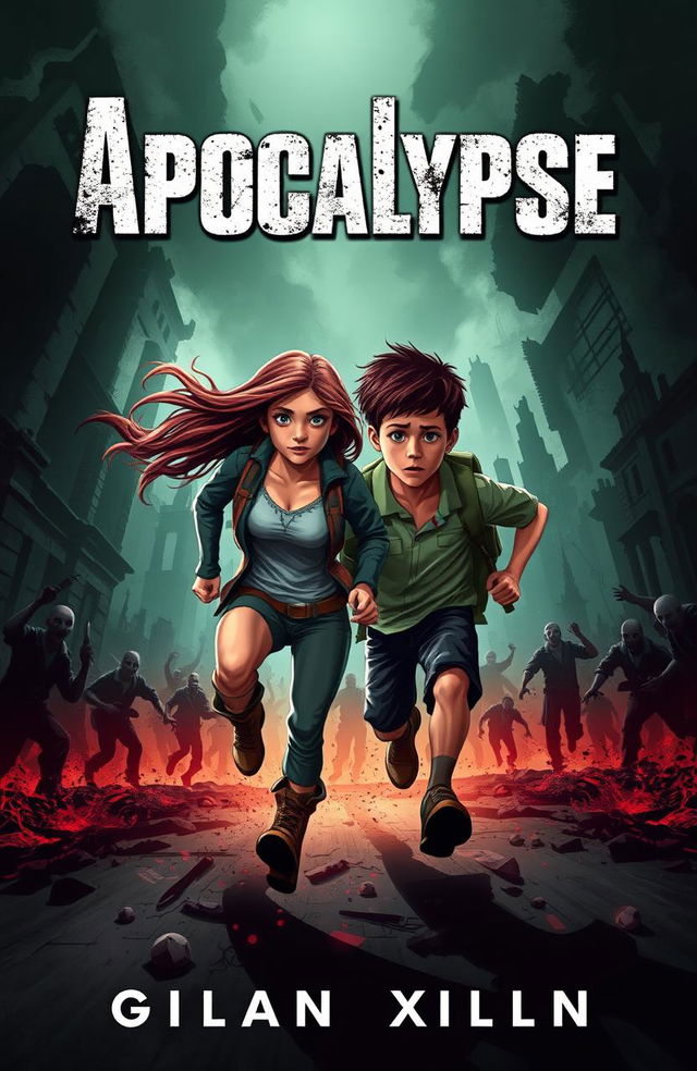 A dramatic book cover design for "Apocalypse" by Xmplcty, featuring a teenage girl and boy sprinting in an intense, action-packed scene as they escape from a horde of menacing zombies