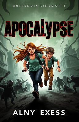 A dramatic book cover design for "Apocalypse" by Xmplcty, featuring a teenage girl and boy sprinting in an intense, action-packed scene as they escape from a horde of menacing zombies