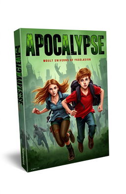 A dramatic book cover design for "Apocalypse" by Xmplcty, featuring a teenage girl and boy sprinting in an intense, action-packed scene as they escape from a horde of menacing zombies