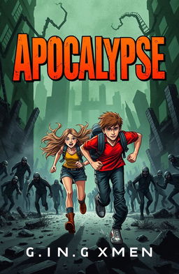 A dramatic book cover design for "Apocalypse" by Xmplcty, featuring a teenage girl and boy sprinting in an intense, action-packed scene as they escape from a horde of menacing zombies