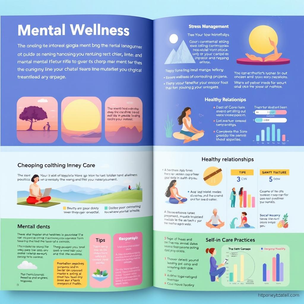 An informative and visually appealing guide to mental wellness, featuring a well-organized layout with sections on various topics like mindfulness, stress management, healthy relationships, and self-care practices