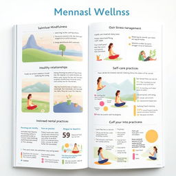 An informative and visually appealing guide to mental wellness, featuring a well-organized layout with sections on various topics like mindfulness, stress management, healthy relationships, and self-care practices