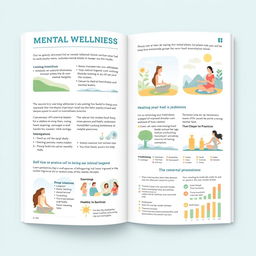 An informative and visually appealing guide to mental wellness, featuring a well-organized layout with sections on various topics like mindfulness, stress management, healthy relationships, and self-care practices