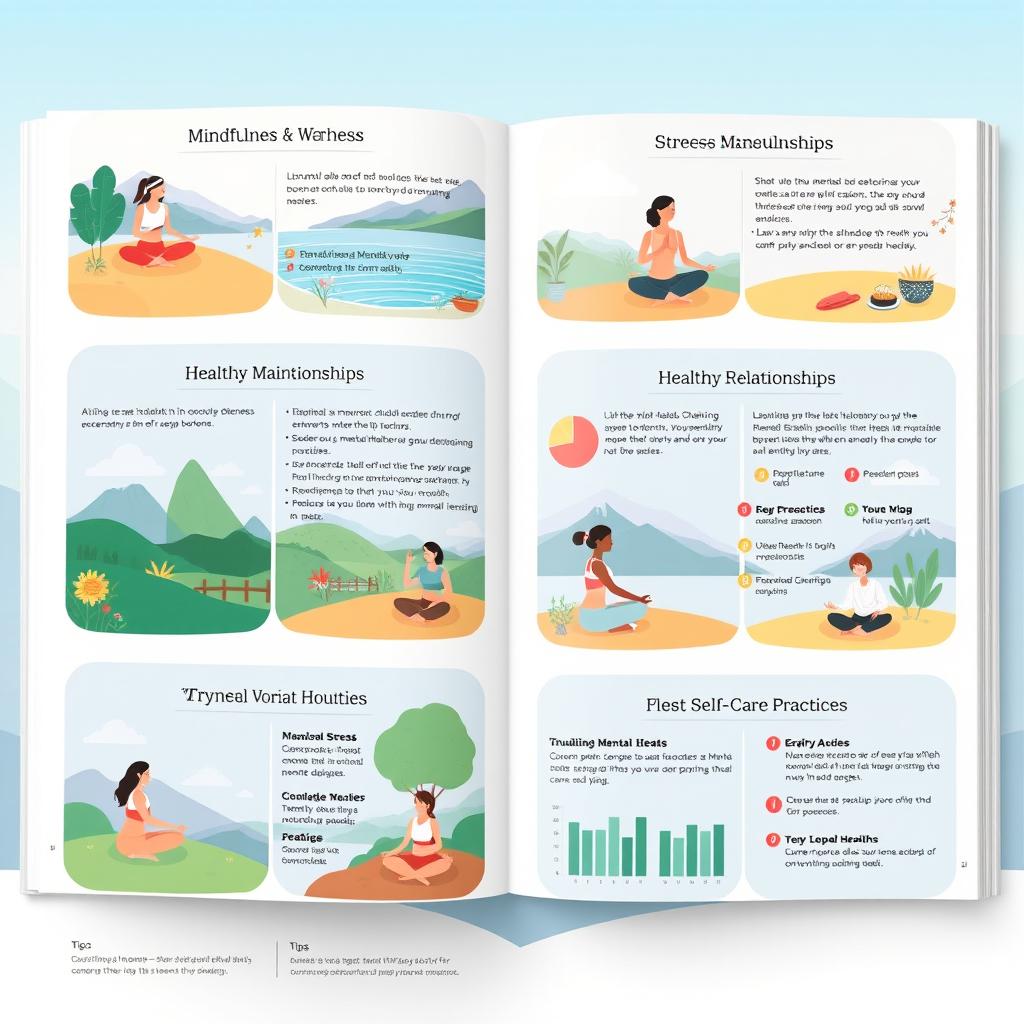 An informative and visually appealing guide to mental wellness, featuring a well-organized layout with sections on various topics like mindfulness, stress management, healthy relationships, and self-care practices