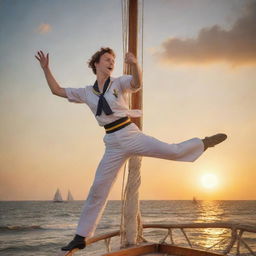 A lively scene depicting a Sailor's Hornpipe dancer energetically performing on a vintage sailboat under the golden sunset, with rolling sea waves in the background.