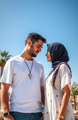 An American guy with a cross necklace and an Arab girl gently touching foreheads in a picturesque Egyptian setting