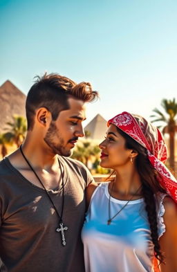 An American guy with a cross necklace and an Arab girl gently touching foreheads in a picturesque Egyptian setting