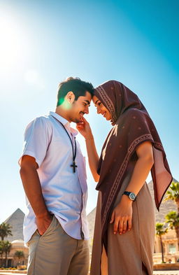 An American guy with a cross necklace and an Arab girl gently touching foreheads in a picturesque Egyptian setting