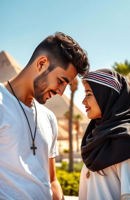 An American guy with a cross necklace and an Arab girl gently touching foreheads in a picturesque Egyptian setting