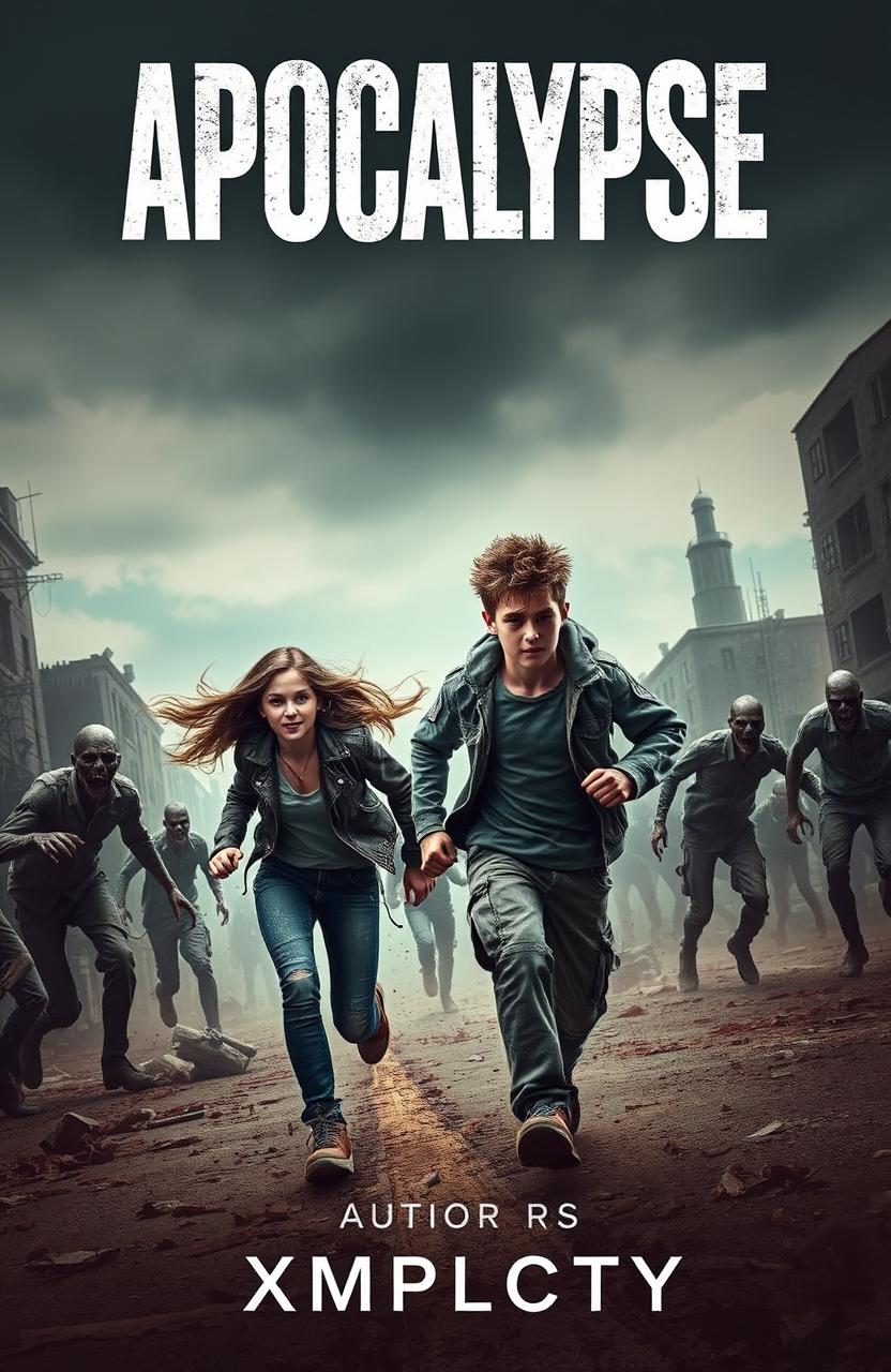 A dramatic book cover design for 'Apocalypse' by XMPLCTY, featuring a teenage girl and boy sprinting through a desolate urban landscape, desperately escaping from a horde of zombies